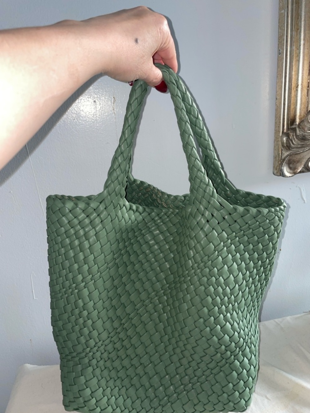 Woven Olive Green Tote Bag with Double Handles